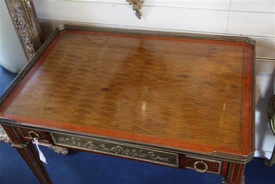 A Louis XVI style harewood and purple heart centre table, W.2ft 7.5in. D.1ft 9in. H.2ft 5in.